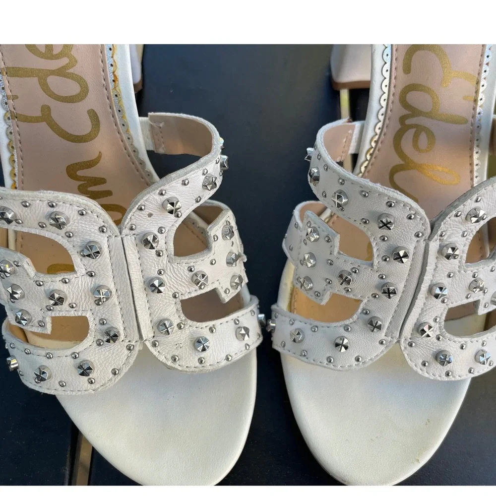 Sam Edelman Pasha White Leather Studded Block Heel Sandals Womens 8‎
